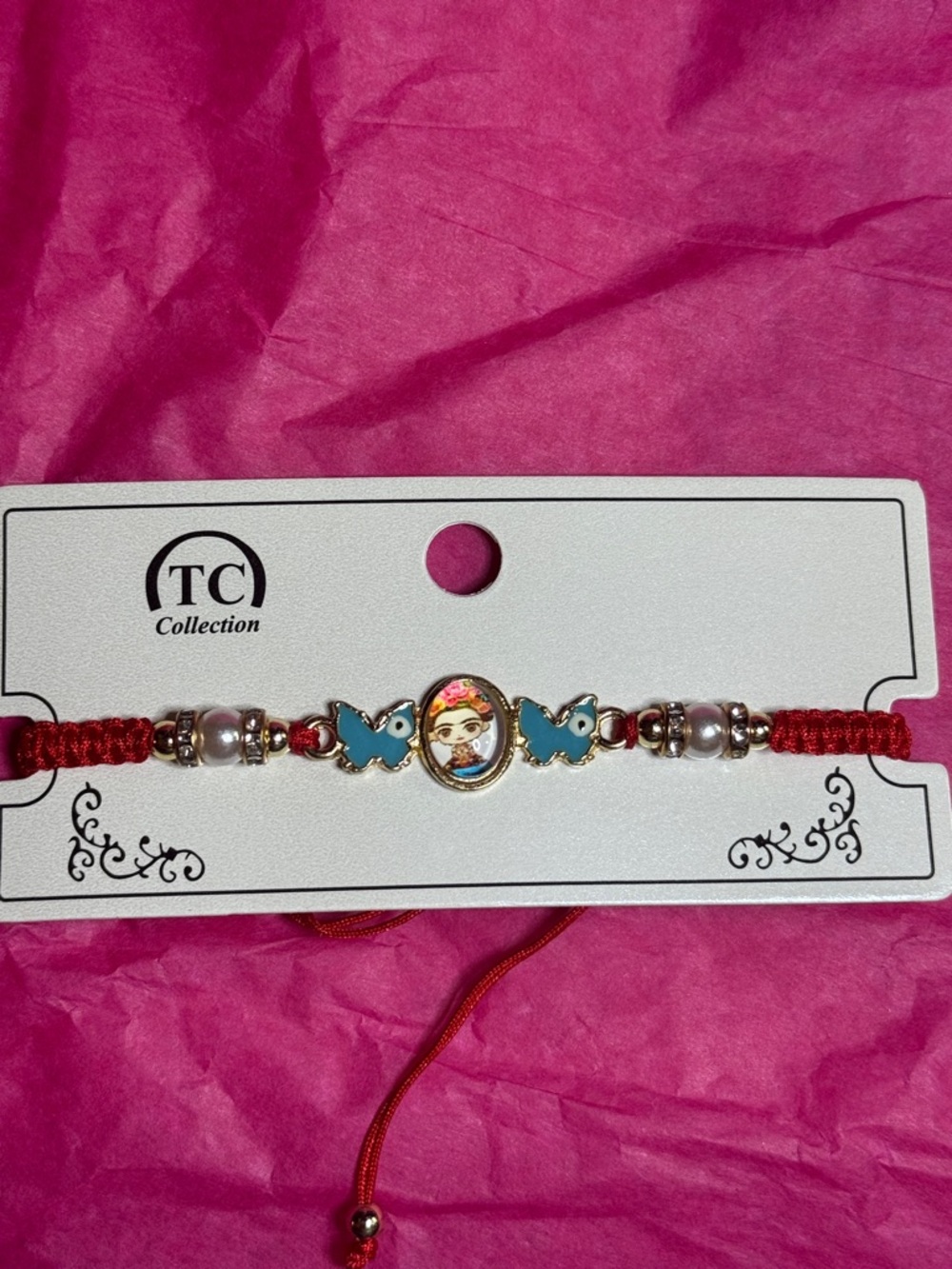 TC Red Thread Bracelet with Blue Bird Charms and Decorative Center